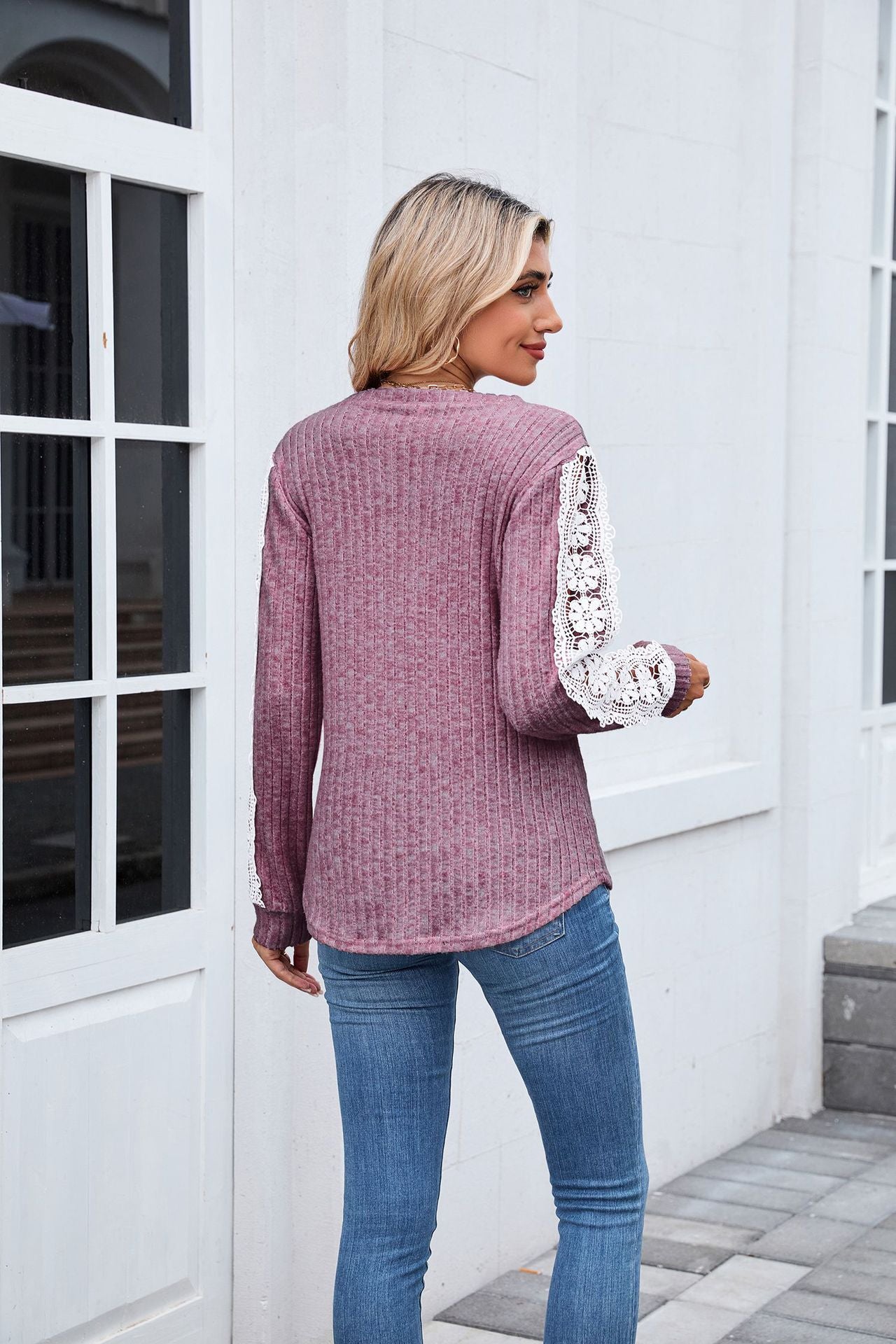 Women's V Neck Lace Long Sleeve Tunic Top