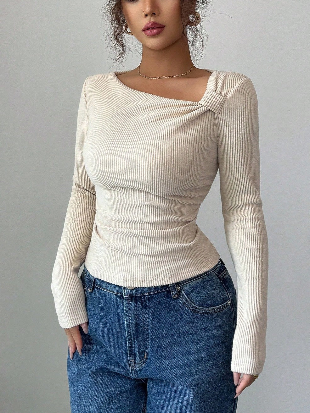 Women's Asymmetrical Neck Ruched Ribbed Long Sleeve Top