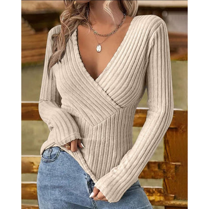 Women's Ribbed Deep V-Neck Long Sleeve Fitted Top