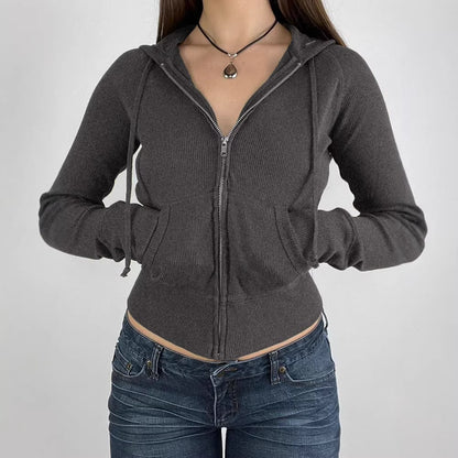 Y2K Ribbed Zip-Up Hoodie Cropped Slim Fit Streetwear