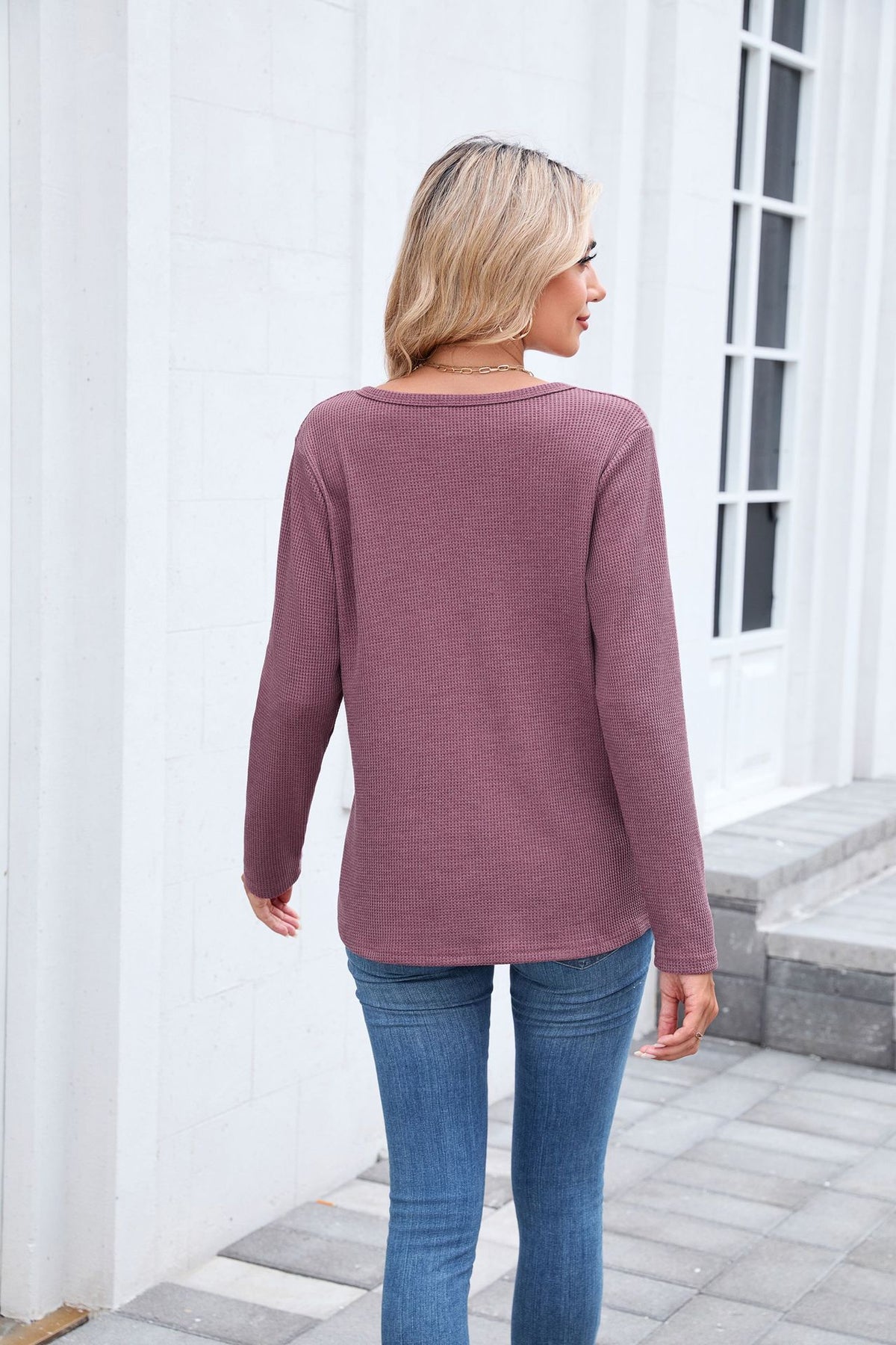 Women's Waffle Knit V-Neck Long Sleeve Loose Fit Top