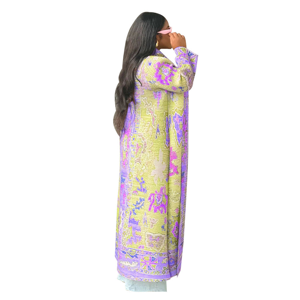Plus Size Pleated Geometric Maxi Duster Coat