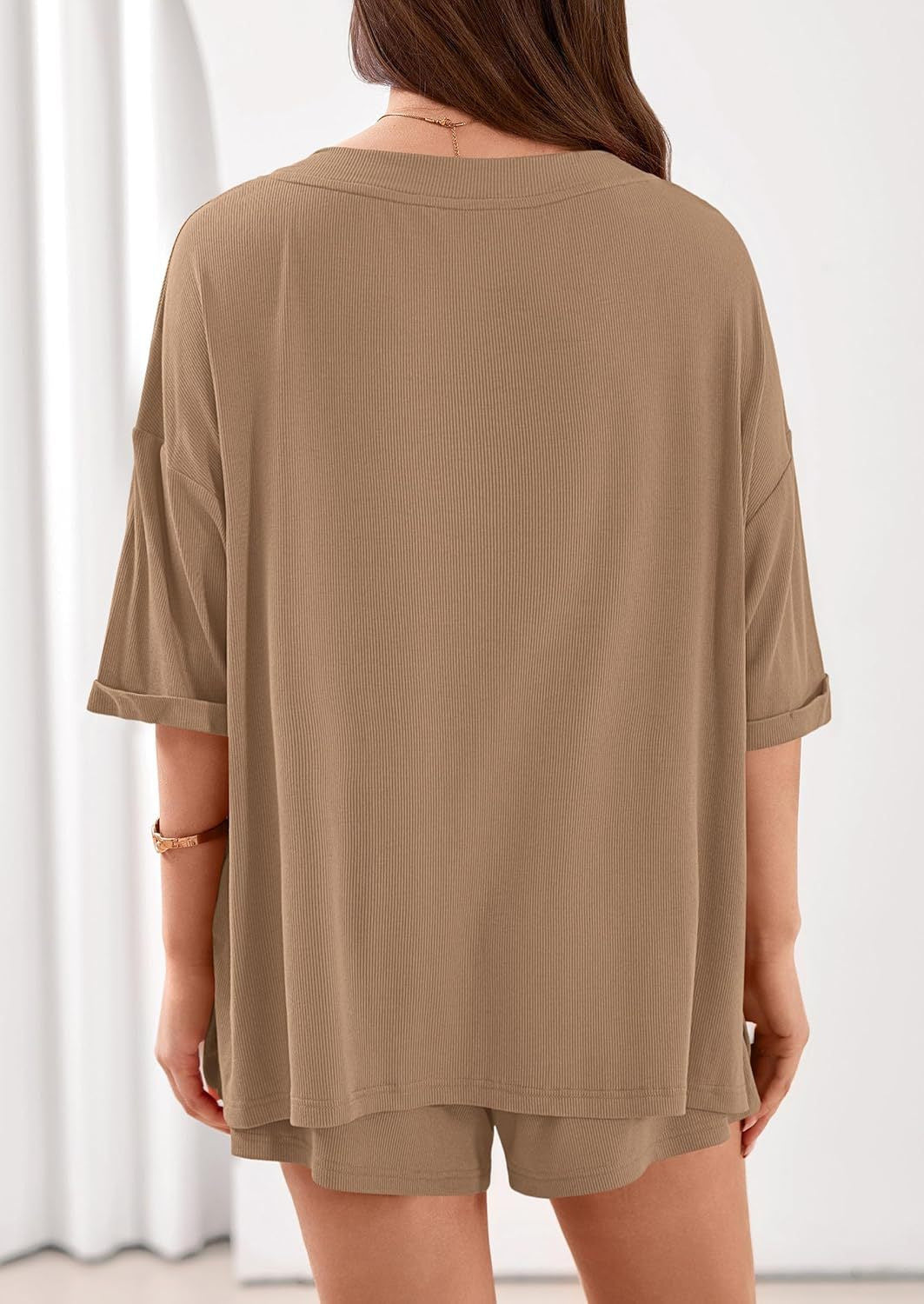 Ribbed V Neck Lounge Set Oversized Top Shorts Set
