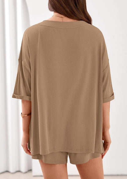 Ribbed V Neck Lounge Set Oversized Top Shorts Set