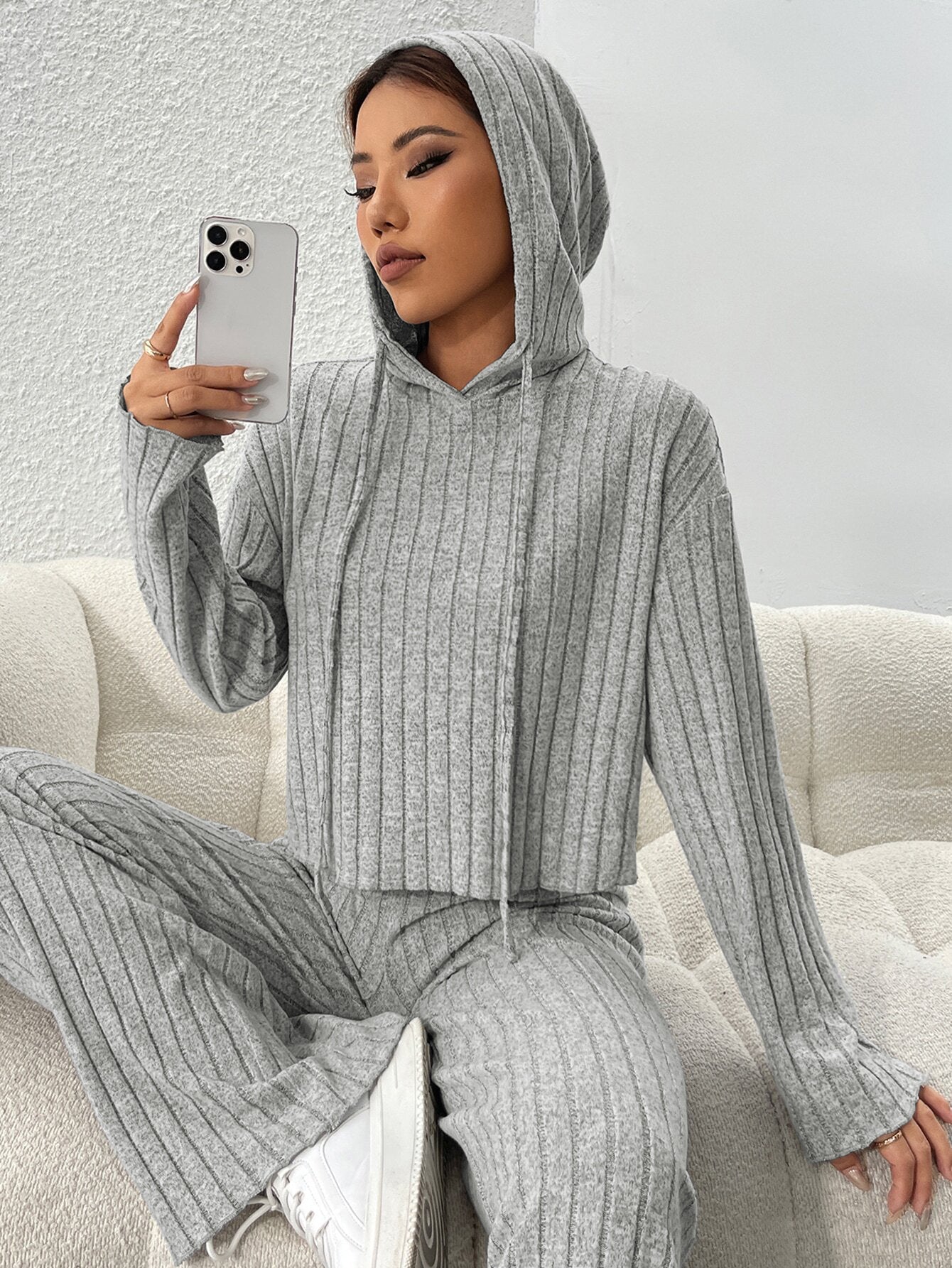 Ribbed Knit Hooded Lounge Set Flare Pants