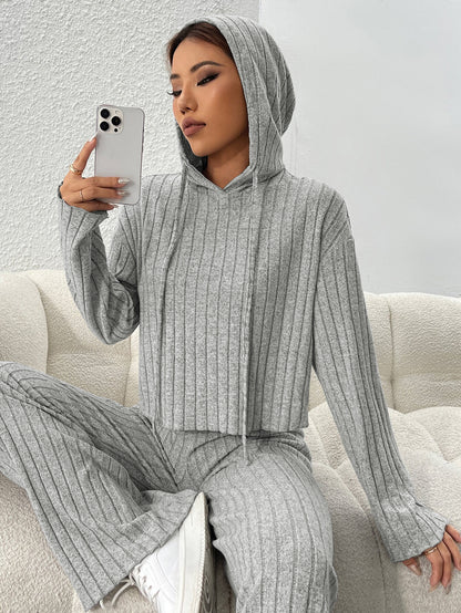 Ribbed Knit Hooded Lounge Set Flare Pants