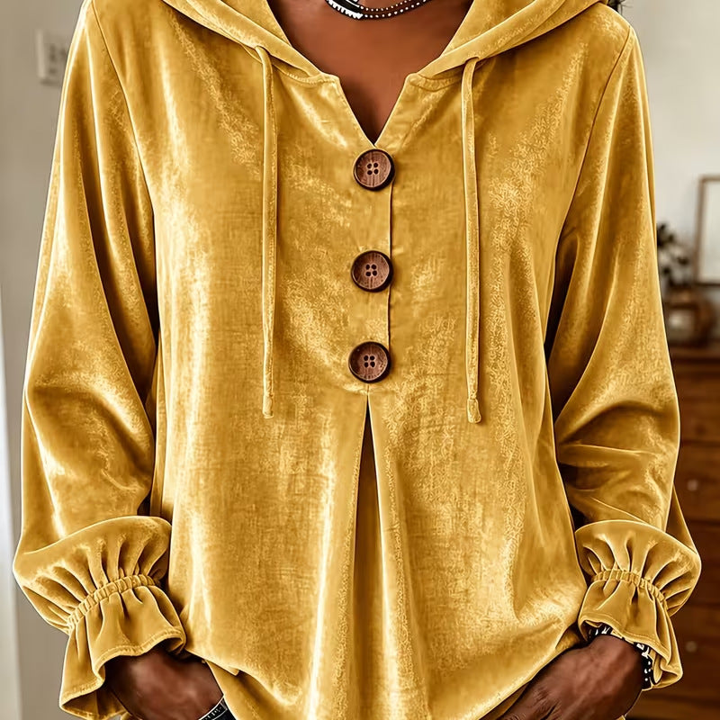 Velvet Button Front Hoodie V Neck Drawstring Ruffle Sleeve