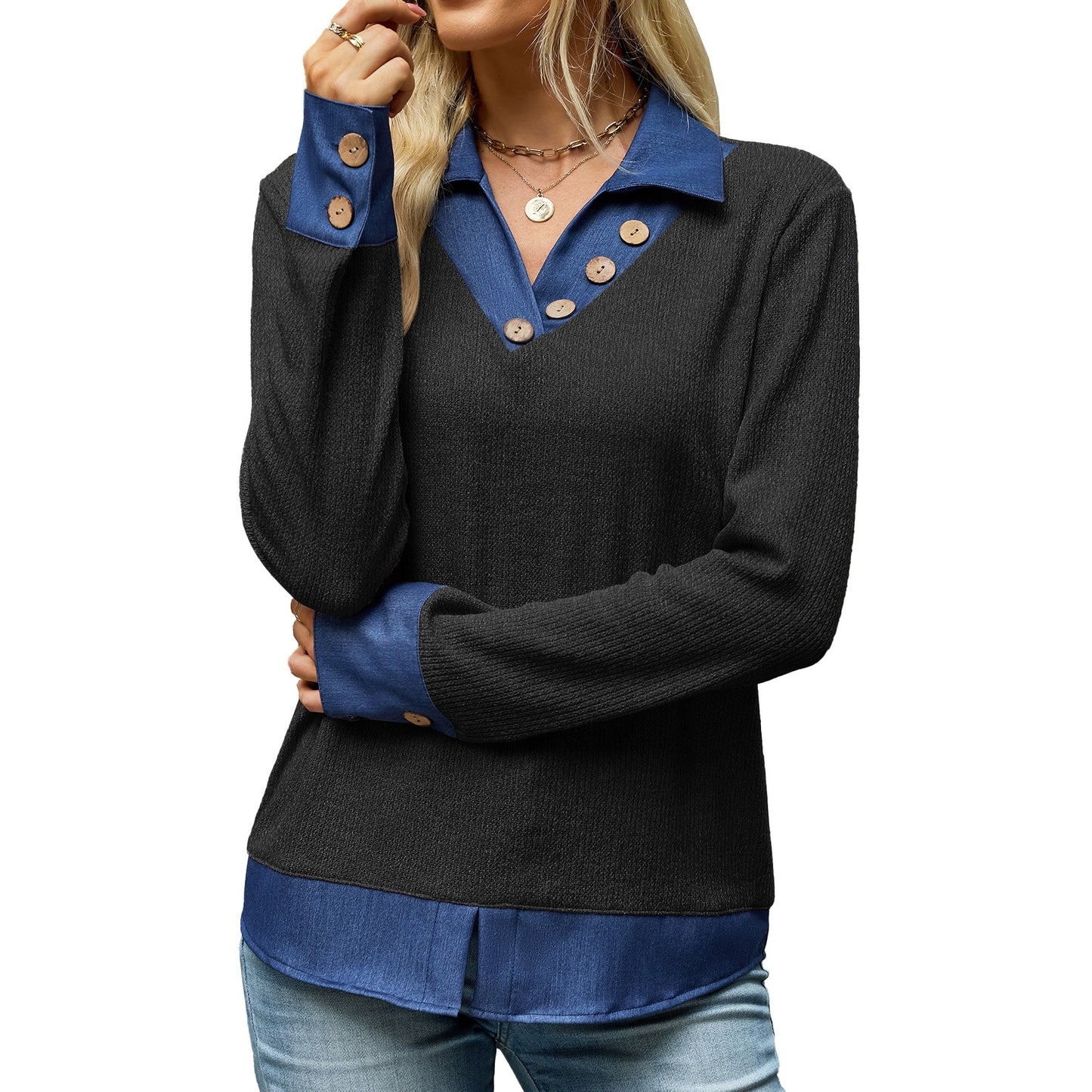 Women's Color Block Denim Collar Layered Sweatshirt
