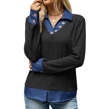 Women's Color Block Denim Collar Layered Sweatshirt