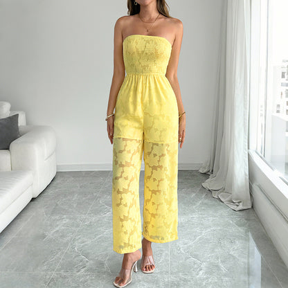 Yellow Lace Strapless Jumpsuit Sheer Wide Leg Summer