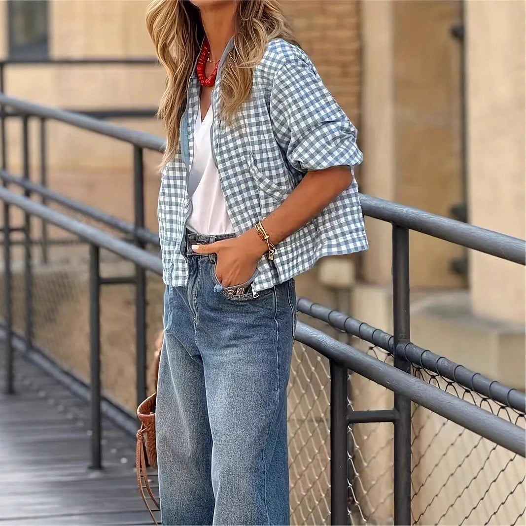 Women's Plaid Cropped Zip-Up Jacket Streetwear