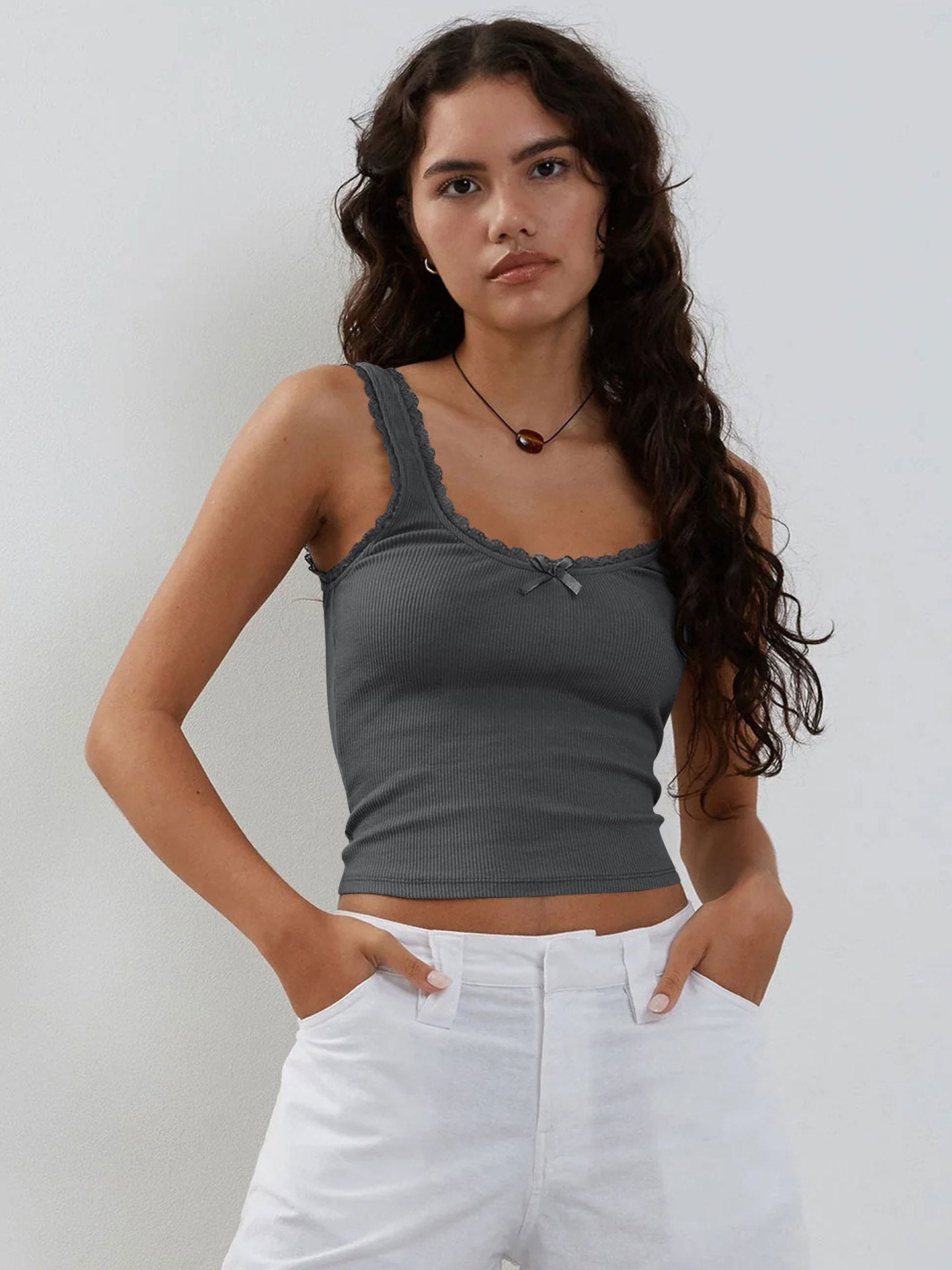 Ribbed Lace Trim Cami Top Slim Fit Cropped Tank