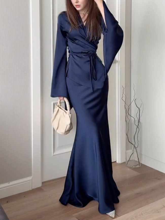 Satin Wrap Belted Long Sleeve Maxi Dress Set