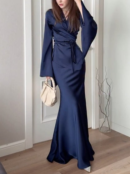 Satin Wrap Belted Long Sleeve Maxi Dress Set