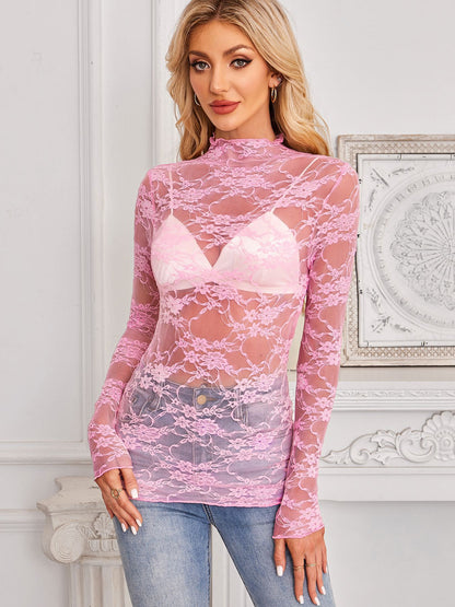 Lace Mesh Long Sleeve Top Sheer Floral Layering Blouse