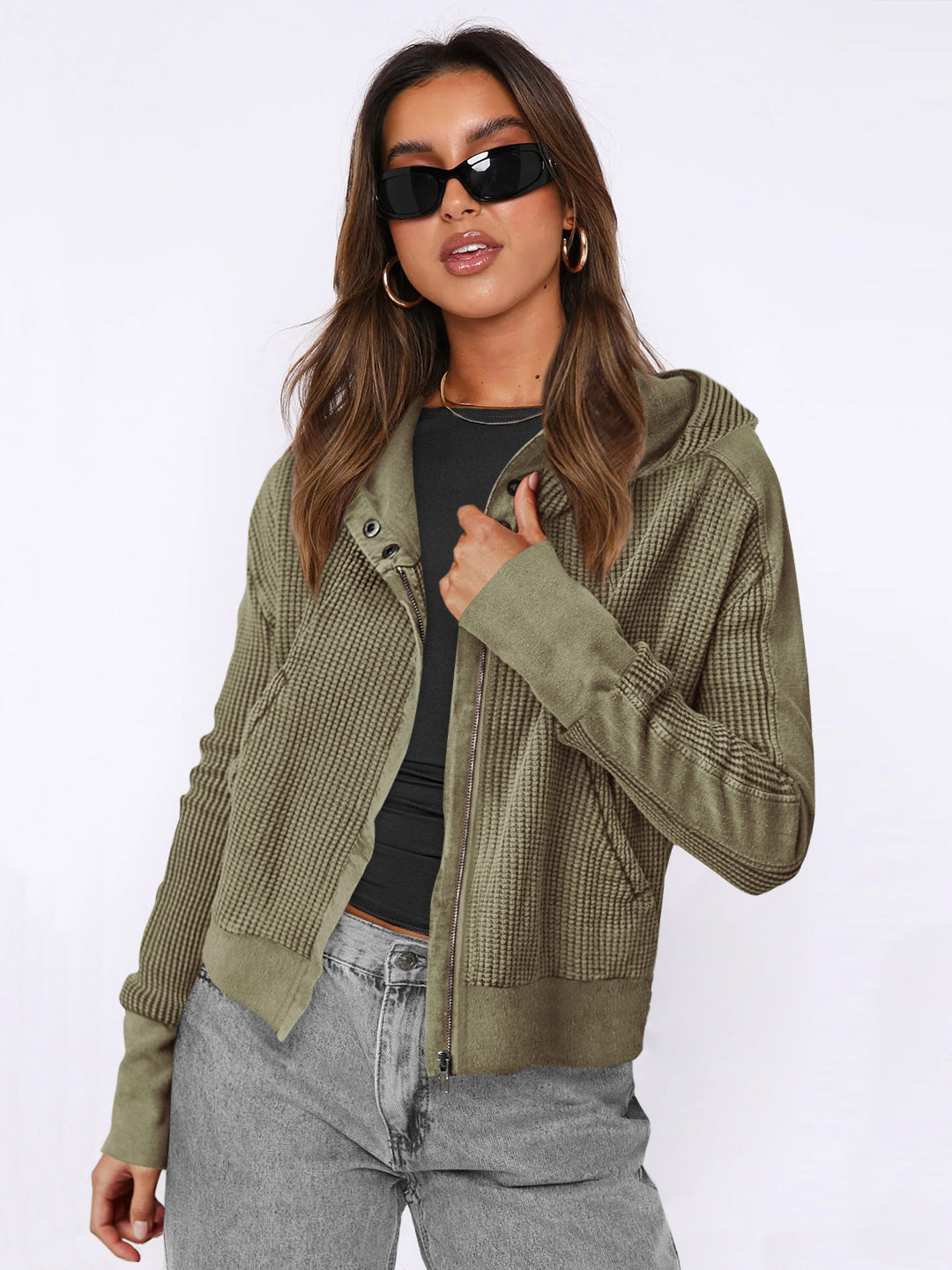 Hooded Zipper Sweater, Spliced Lazy Style Knitted Jacket