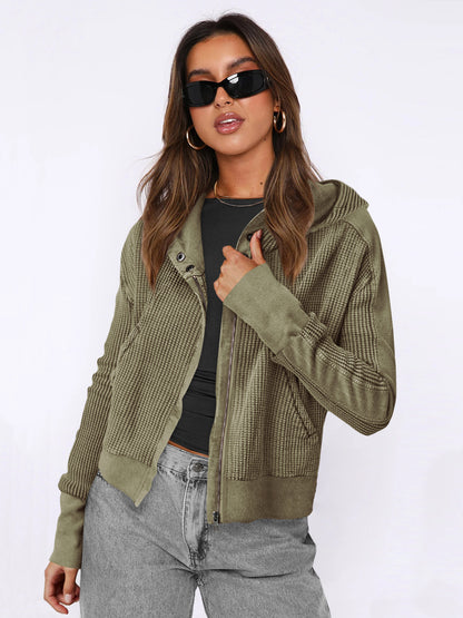 Hooded Zipper Sweater, Spliced Lazy Style Knitted Jacket