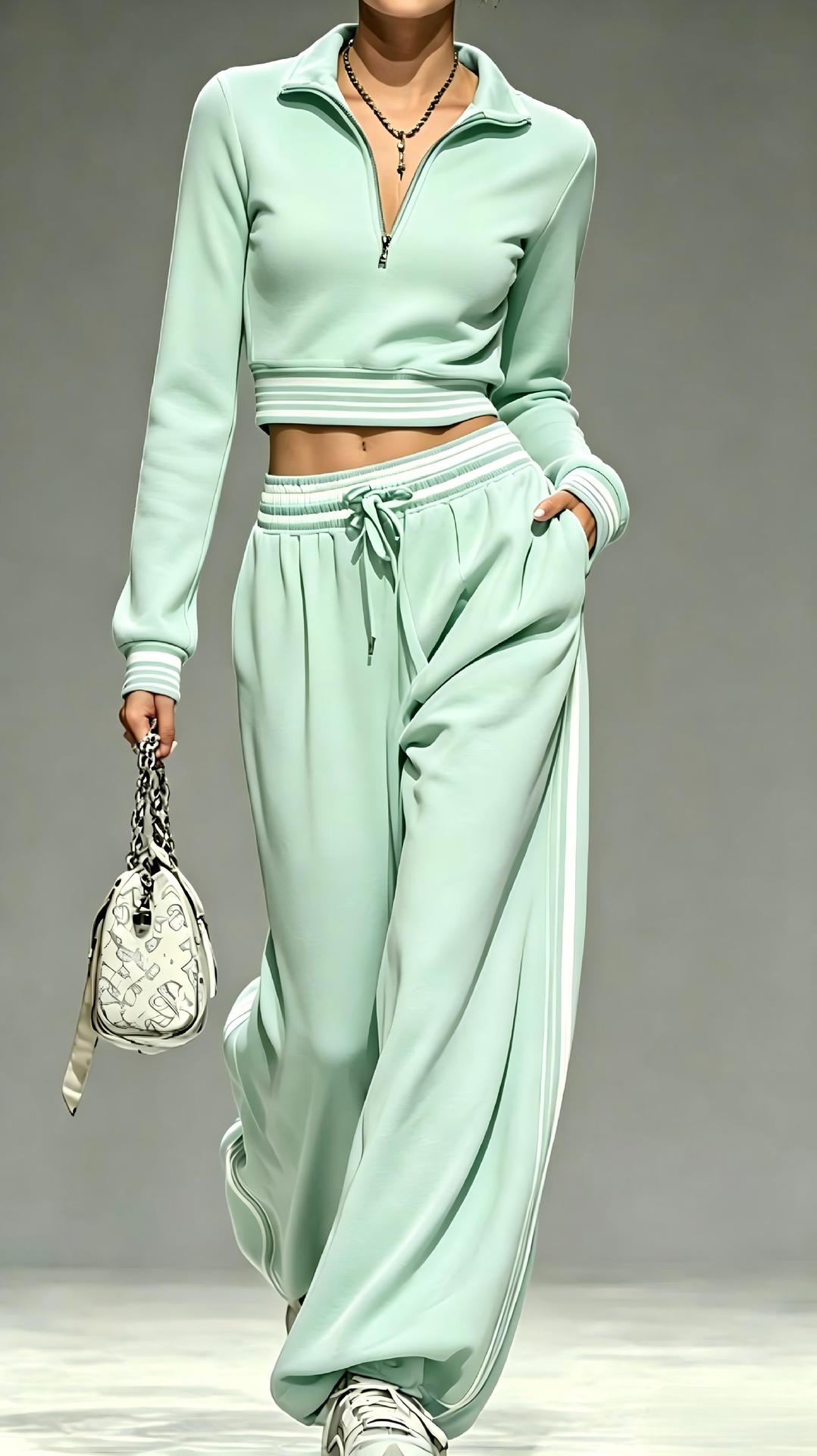 Womens 2 Piece Half Zip Crop Top Wide Leg Sweatpants Set