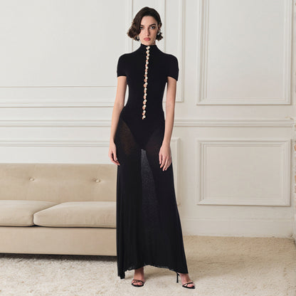 Mock Neck Cutout Bodycon Maxi Dress Short Sleeve