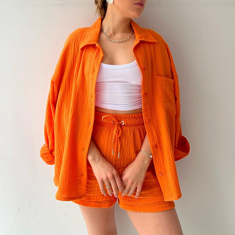 Women's Textured Shirt & Drawstring Shorts Matching Set