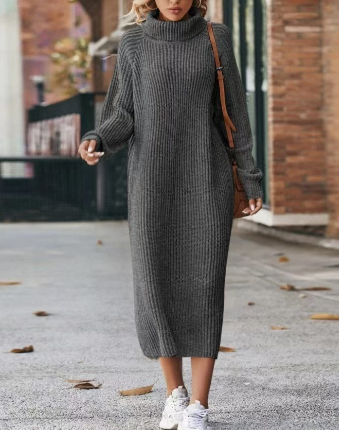 Oversized Ribbed Turtleneck Sweater Dress Long Sleeve Midi