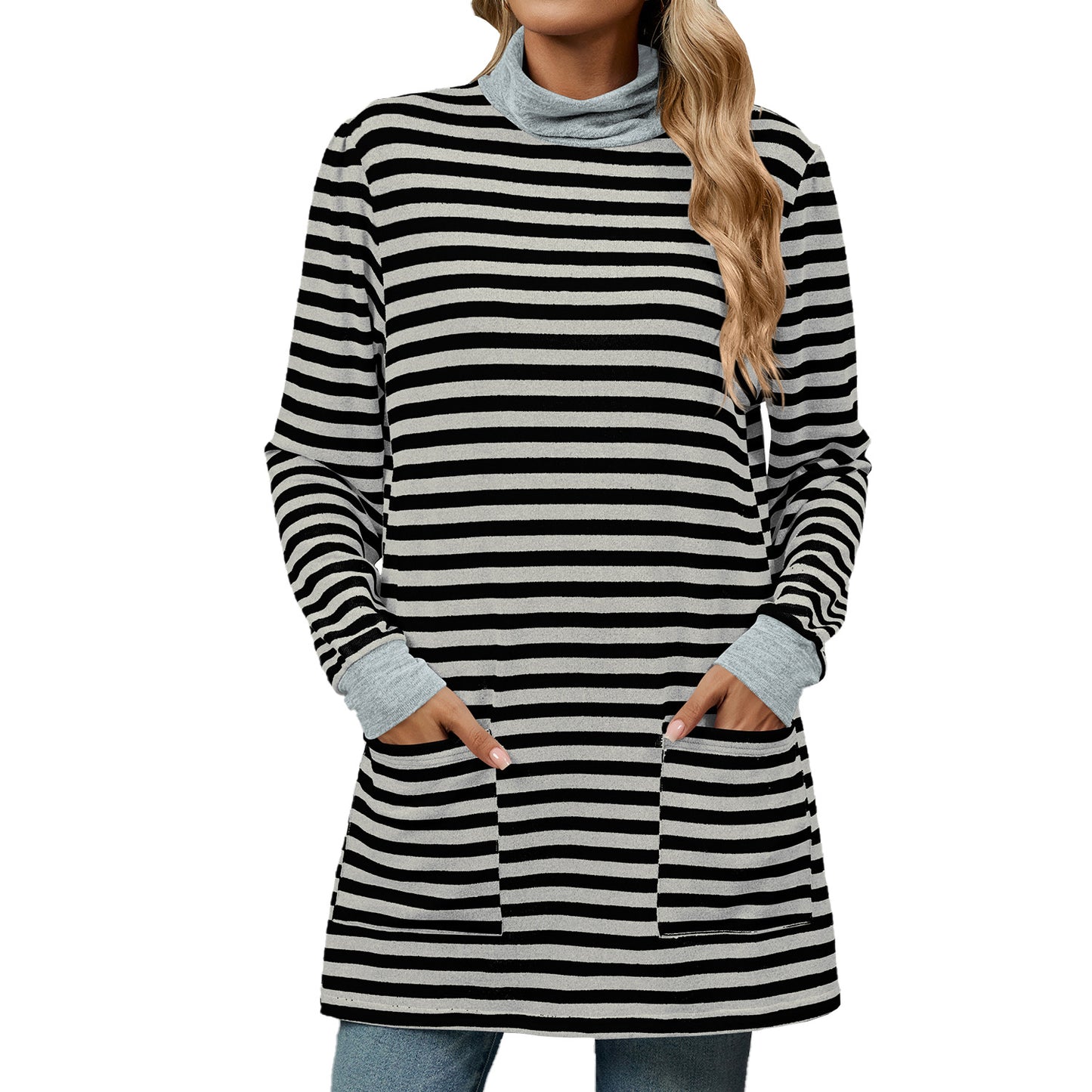 Oversized Striped Turtleneck Tunic Long Sleeve with Pockets