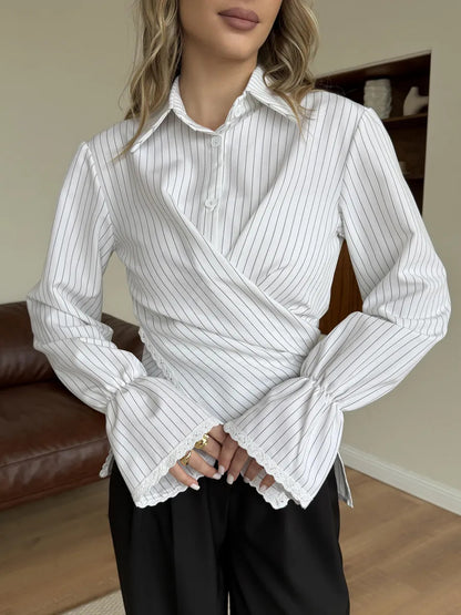 Striped Wrap Shirt with Lace Trim Long Sleeves