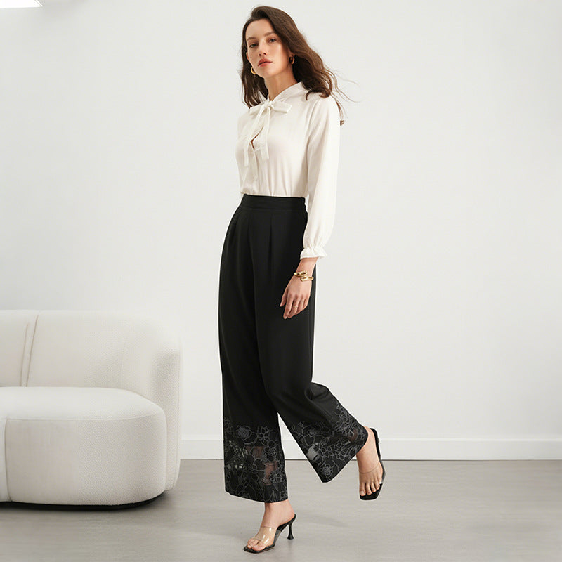 Women's Lace Hem Wide Leg Pants Black Casual Trousers