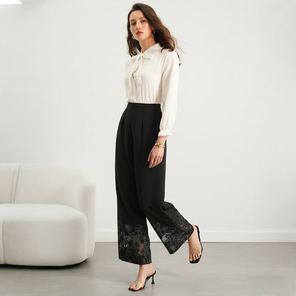 Women's Lace Hem Wide Leg Pants Black Casual Trousers