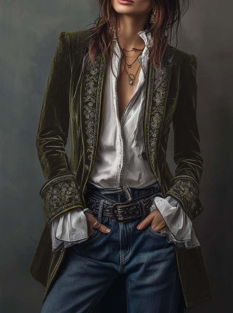 Women's Velvet Embroidered Blazer Open Front Vintage