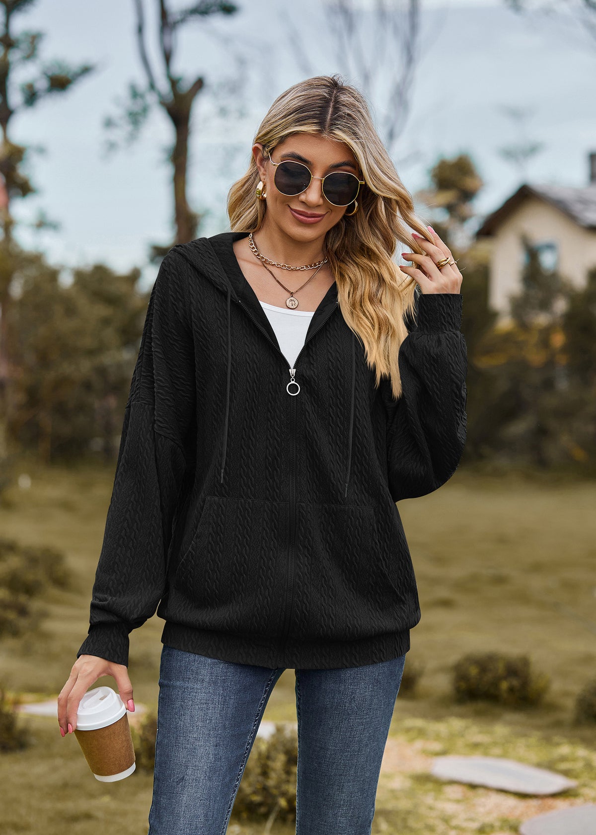 Oversized Textured Zip-Up Hoodie Jacket Pockets