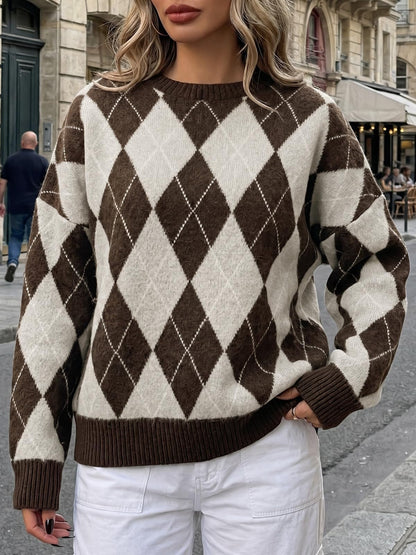 Women's Oversized Vintage Argyle Crewneck Sweater