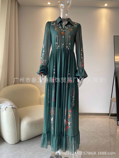 Boho Floral Maxi Dress Long Sleeve Mesh Flowy