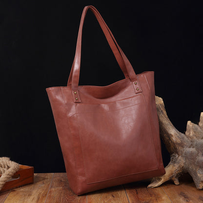 Vintage Soft Leather Tote Bag Set with Zip Pouch, Large Capacity
