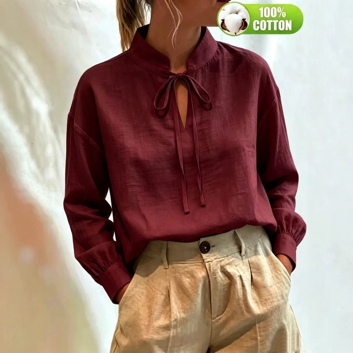 Women's Cotton Tie Neck Puff Sleeve Blouse