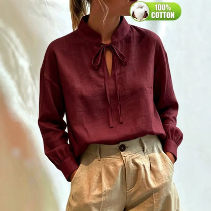 Women's Cotton Tie Neck Puff Sleeve Blouse