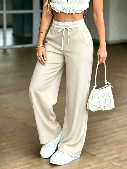 Women's Linen Look Drawstring High Waist Wide Leg Pants