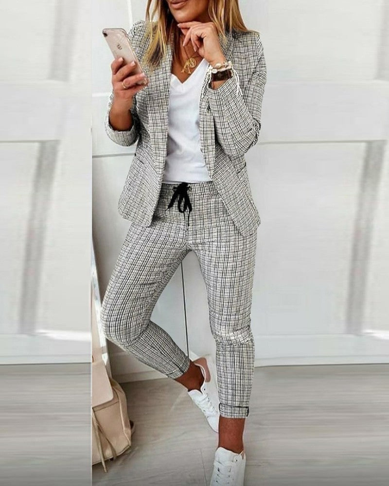 Women's Plaid Blazer Pants Set 2 Piece