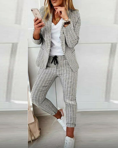 Women's Plaid Blazer Pants Set 2 Piece