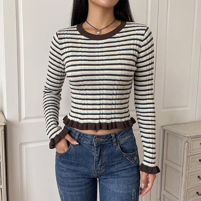 Striped Cropped Sweater Flare Sleeve Knit Top Retro