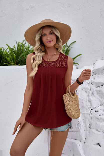 White Lace Yoke Sleeveless Pleated Loose Fit Tank Top