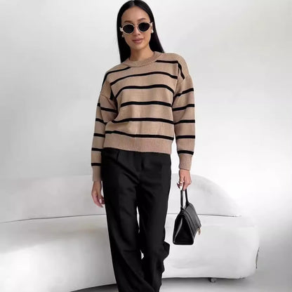 Women's Oversized Striped Crew Neck Pullover Sweater