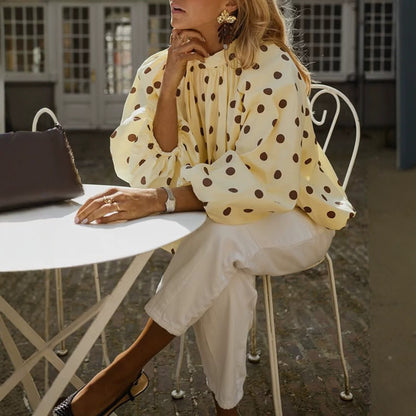 Yellow Polka Dot Puff Sleeve Open Back Blouse