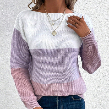 Women's Color Block Crew Neck Knit Pullover Sweater
