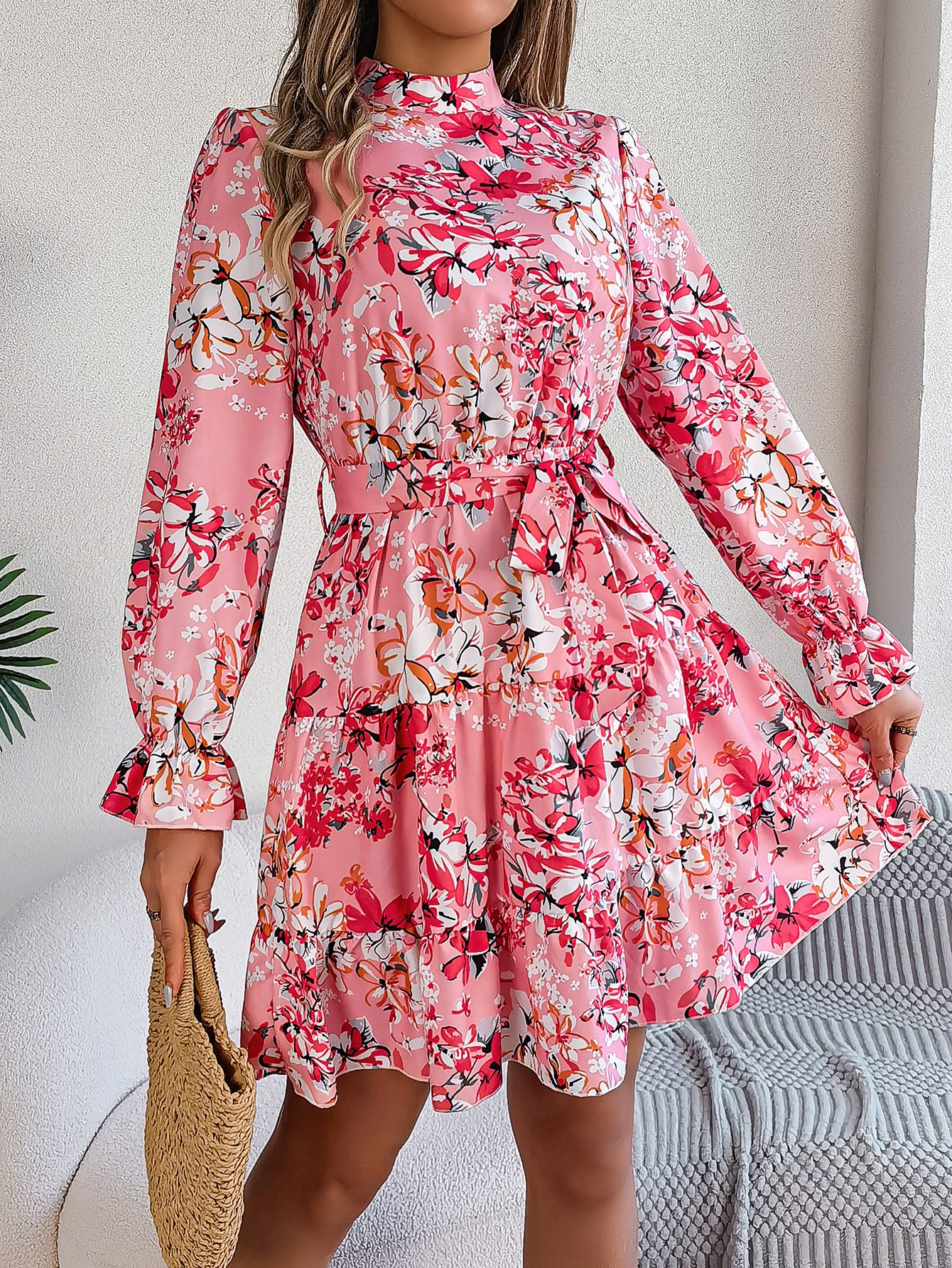 Elegant Floral High Neck Ruffle Waist A-Line Dress
