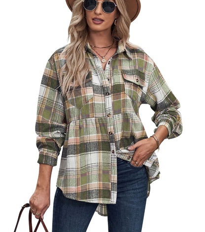 Plaid Lapel Long-Sleeve Casual Shirt with Pockets