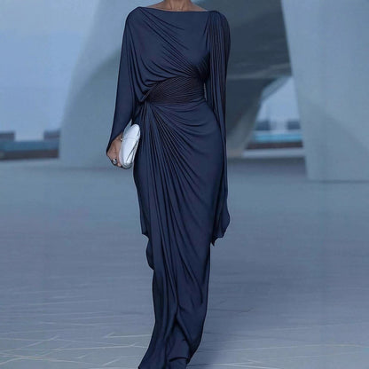 Women's Boat Neck Ruched Batwing Sleeve Maxi Dress
