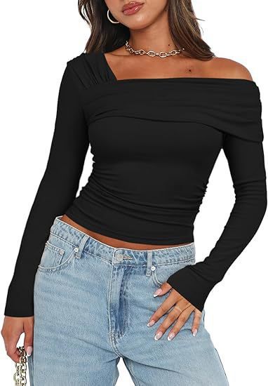 Women's Y2K One Shoulder Ruched Long Sleeve Crop Top