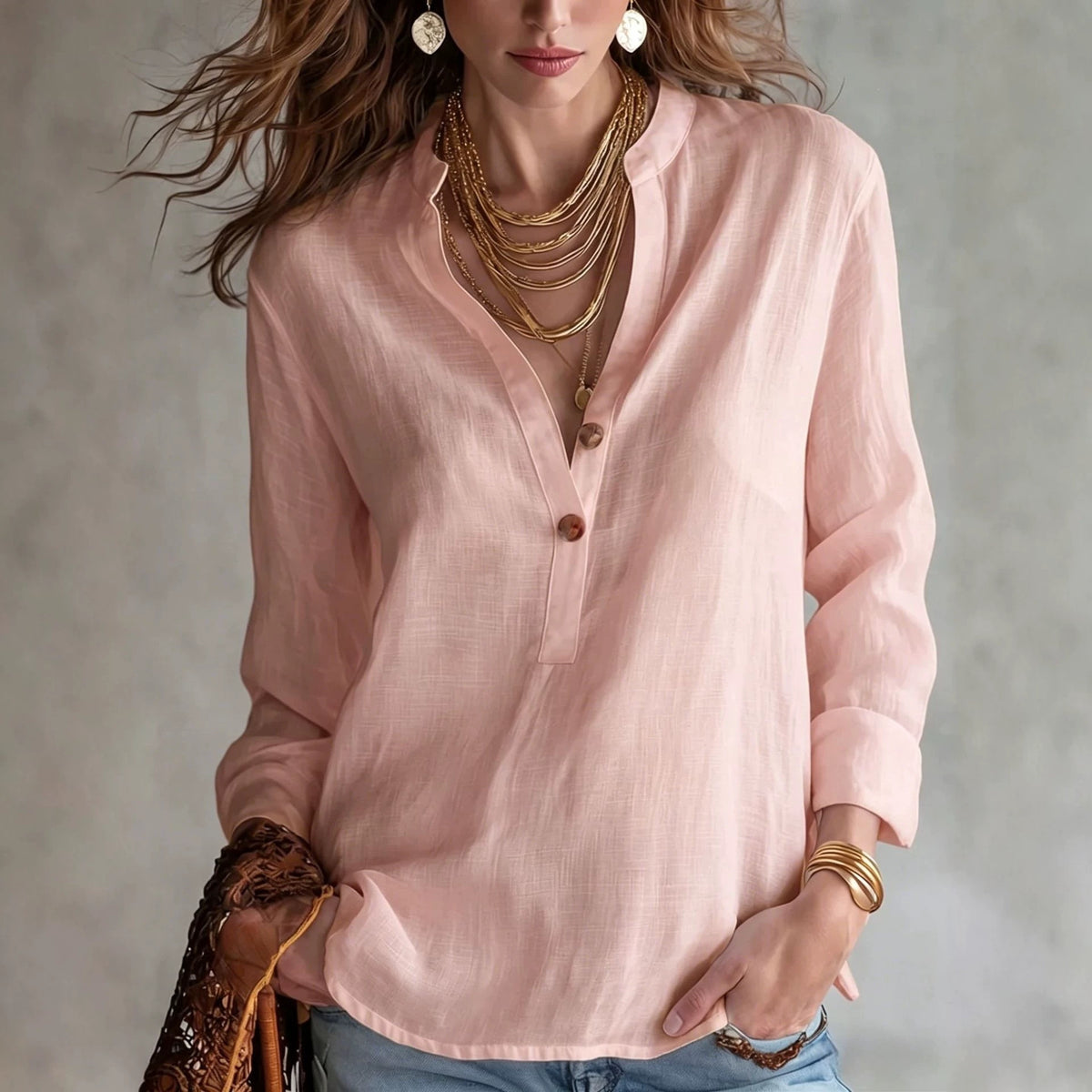 Women's V Neck Button Front Long Sleeve Casual Blouse