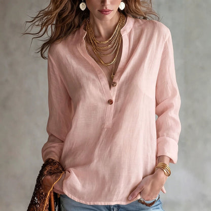 Women's V Neck Button Front Long Sleeve Casual Blouse